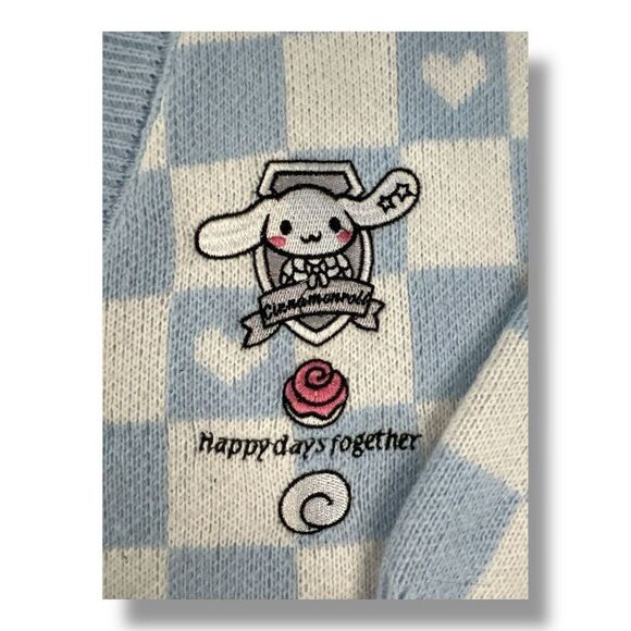 Sanrio  Cinnamonroll Hello Kitty Blue White Checkered Cardigan Sweater Size Medi - Picture 3 of 6